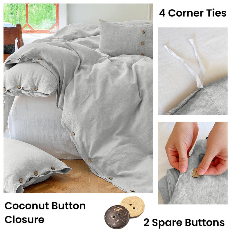 Simple&Opulence 100% Linen Duvet Cover Set 3pcs with Coconut Button Closure Natural French Washed Flax Solid Color Soft Breathable Farmhouse Bedding - Light Grey, King Size - Image 3